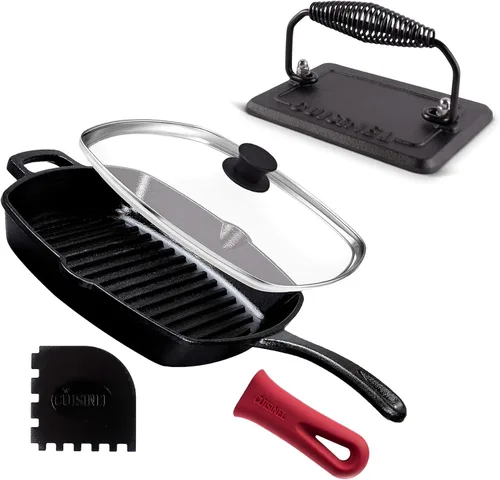 Vista 8 de Cuisinel - Sartén de hierro fundido cuadrada para parrilla + tapa de vidrio + raspador de sartén + cubierta de mango - Sartén con nervaduras
