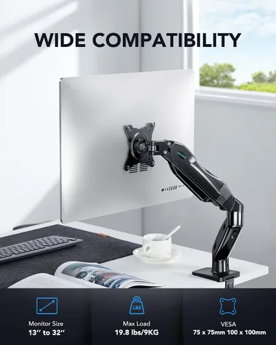 Vista 2 de HUANUO Soporte para monitor individual, brazo de monitor de 13 a 32 pulgadas, soporte de monitor ajustable, soporte Vesa con abrazadera y base
