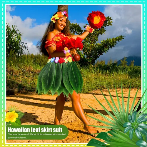 Vista 5 de 6 piezas de disfraz hawaiano para mujer, incluye falda hula, top hawaiano, flor hawaiana, collar y pulsera para Halloween, mujer, cosplay
