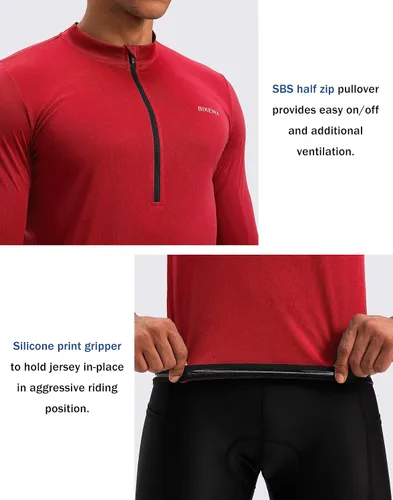 Vista 4 de Bikewa Maillot de ciclismo para hombre con 3+1 bolsillos traseros con cremallera, manga larga, absorción de humedad, UPF 50+ media cremallera