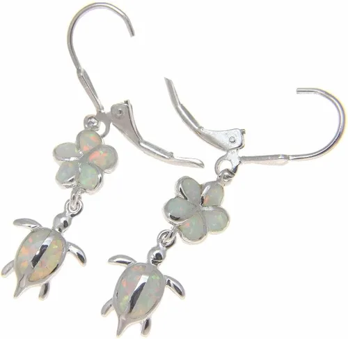 Vista 2 de Inlay Opal Plata de ley 925Hawaiian Plumeria Flor Honu Turtle Leverback arete