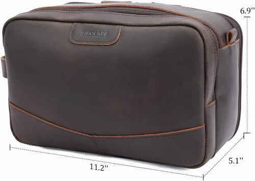 Vista 5 de Polare - Neceser de cuero de grano completo, kit de afeitado, estuche de viaje, bolsa de lavado con cremalleras YKK A- marrón oscuro