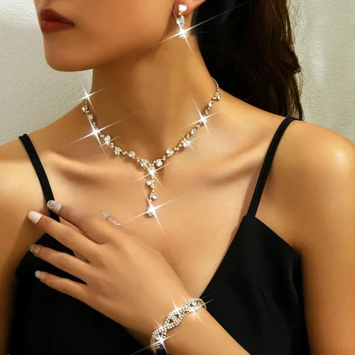 Vista 3 de Unicra Juego de joyas de boda con diamantes de imitación, collar de novia, pulsera, aretes, juego de bisutería para mujeres y novias