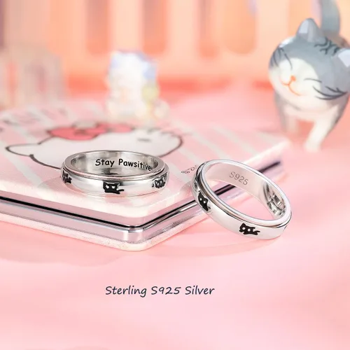 Vista 2 de LYTTMAB Keep Pawstive - Anillo de ansiedad para mujer, anillo giratorio con estampado de pata de perro y gato, anillo para ansiedad para mujer