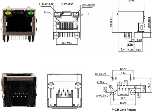 Vista 6 de Red Ethernet blindado RJ45 con luces LED 8P8C hembra conectores de enchufe 8pin montaje en PCB para cable Ethernet Cat5, Cat5e, Cat6