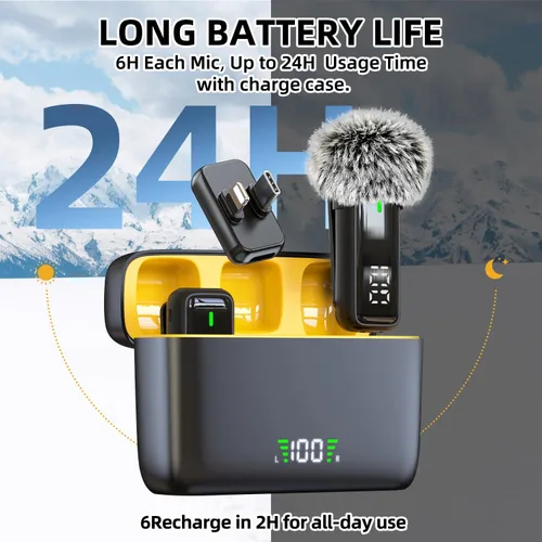 Vista 3 de NPTCL 2 en 1 Micrófono de solapa Lavalier inalámbrico para iPhone iPad Android Noise Canceling Clip Mic, LED Charge Display, 70Ft Transmission, 24