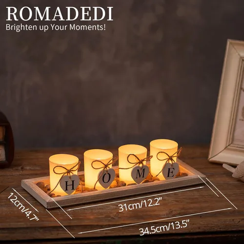 Vista 8 de Romadedi Portavelas Decorativo de Centro de Mesa Estilo Granja - Bandeja de Madera Rústica con 4 Portavelas de Vidrio para Velas de Té para Mesa
