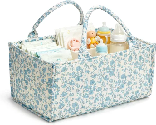 Vista 8 de Organizador de pañales, bonita cesta de almacenamiento floral para guardería, suave y portátil, organizador de auto para cambiador de coche