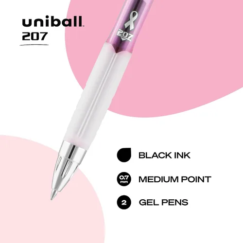 Vista 2 de Uni-Ball 207 plumas de gel retráctiles con cinta rosa, punta mediana (0,7 mm), negras, paquete de 2