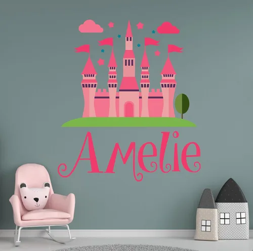Vista 4 de Calcomanía de pared de castillo de princesa con nombre personalizado, mural de castillo de despegar y pegar para habitación de niñas, guardería
