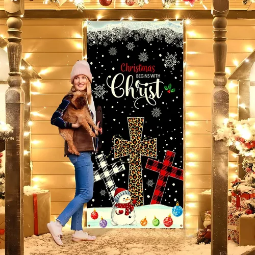 Vista 6 de RUMIA Cubierta de Puerta de Navidad con Nacimiento, "Christmas Begins with Christ", Decoración de Puerta Delantera, Banner, Cruz de Navidad