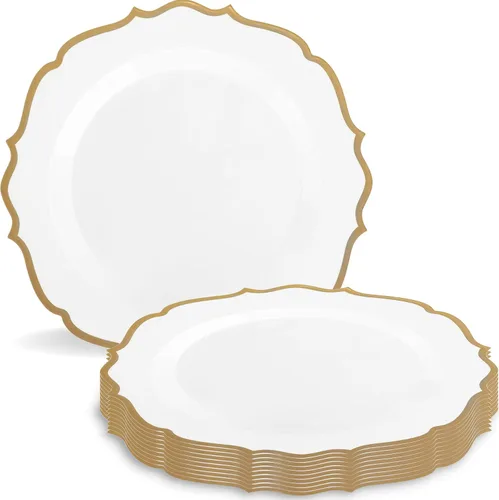 Vista 4 de Blue Sky Contemporary Collection - Platos de plástico blancos con borde dorado, vajilla desechable de 7.5 pulgadas (10 unidades) para eventos