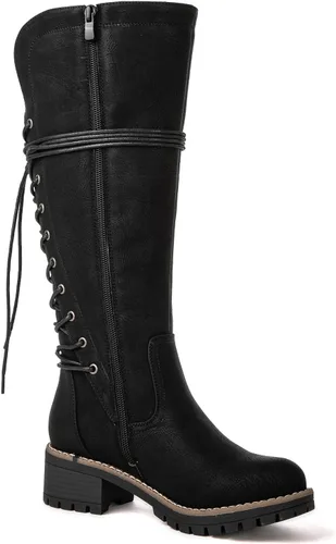 Vista 3 de GLOBALWIN - Botas de combate de equitación altas con cordones para mujer, cómodas botas góticas de motocicleta para mujer con cremallera y tacón