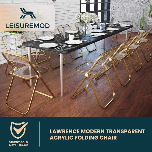 Vista 7 de LeisureMod Juego de 2 sillas plegables modernas de acrílico transparente Silla de escritorio con marco de metal dorado Cómoda silla decorativa