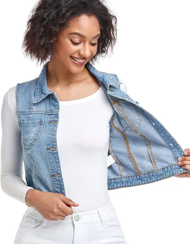 Vista 7 de Xeoxarel Chaleco de mezclilla para mujer, chaqueta vaquera sin mangas (XS-XXL)
