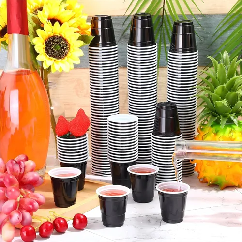 Vista 6 de Layhit Paquete de 200 vasos de chupito de plástico de 2 onzas, vasos desechables, vasos de boda, fiesta de cumpleaños, suministros para servir Negro