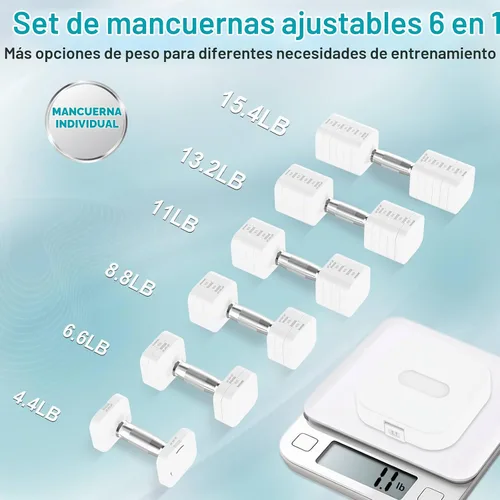 Vista 2 de Hezeyferg Juego de mancuernas ajustables de 30.8 libras, cada mancuerna de peso ajustable con 6 niveles de 4.4/6.6/8.8/11/13.2/15.4 libras, juego