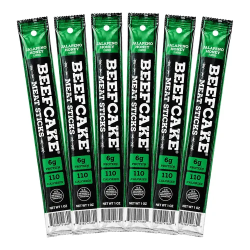 Vista 13 de Beefcake Jerky Barras de carne seca de jalapeño y miel, bocados proteicos de calor dulce, 9g de proteína, 3 barras