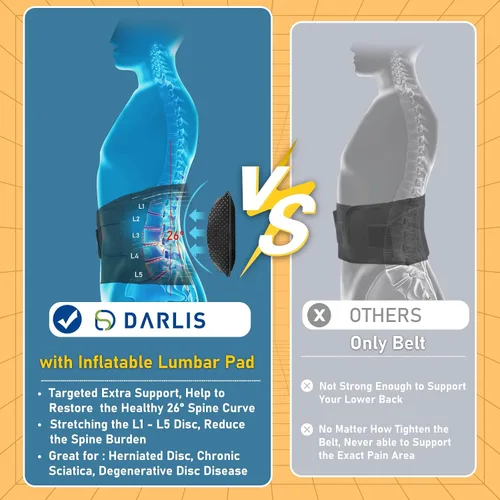 Vista 4 de DARLIS Cinturón de apoyo de espalda con almohadilla lumbar inflable, soporte adicional para dolor de espalda baja, hernia de disco, ciática