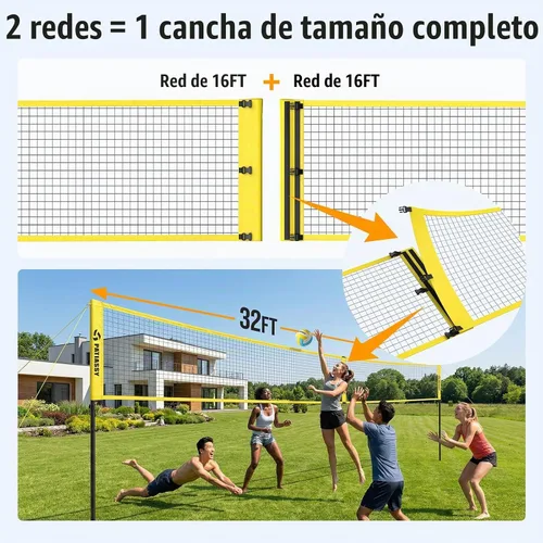 Vista 5 de 4 Square Volleyball Game Set, 4 Way Net System with 16FT & 32FT Court, Adjustable Height Backyard Badminton Combo, Portable Outdoor Kit with Ball