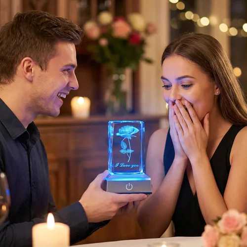 Vista 2 de Lámpara Nocturna de Cristal de Rosa 3D con Luces LED Ajustables - Te Amo, Ideas de Regalo para el Día de la Madre, San Valentín, Aniversario, Regalo