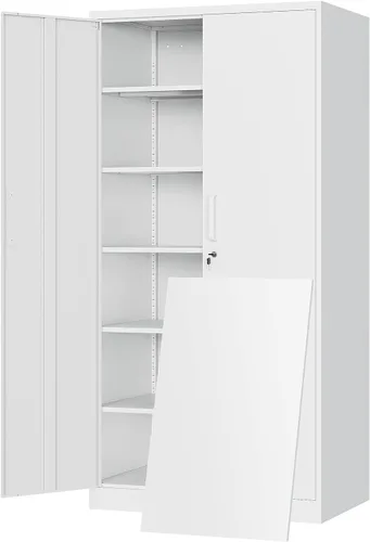 Vista 14 de Yizosh Armario de almacenamiento de metal para garaje con 2 puertas y 5 estantes ajustables, gabinete de archivo de acero con cerradura de 71