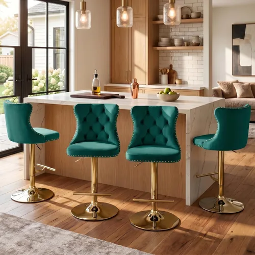 Vista 116 de SoarFlash Juego de 2 taburetes de bar tapizados de terciopelo moderno con patas de madera, botones acolchados, cabeza de clavo cromada, asiento