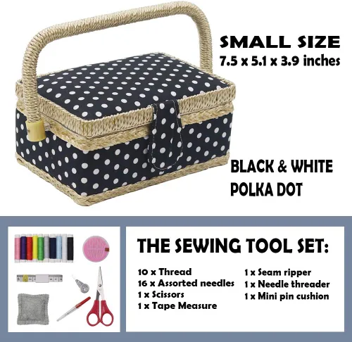 Vista 5 de Cesta de coser con kit de costura. Pequeña caja de costura organizadora con mini kits de costura para niños, principiantes y regalo, Negro