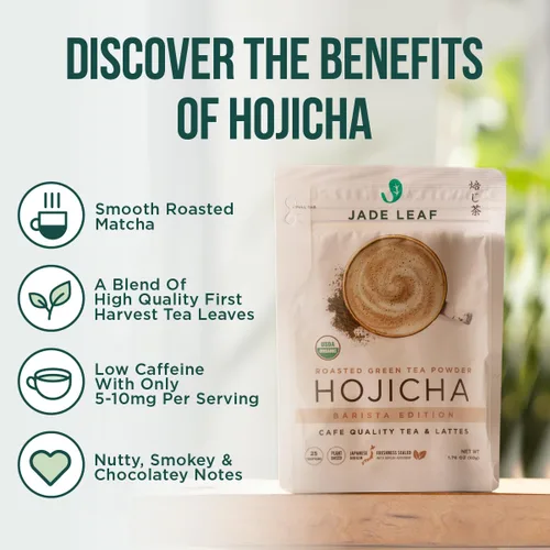 Vista 4 de Jade Leaf Matcha Hojicha en polvo orgánico, té verde matcha tostado en polvo, edición barista, auténtico japonés, 454 porciones