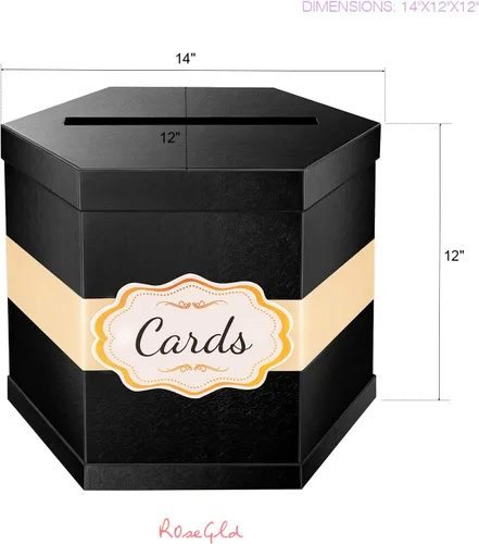 Vista 6 de ROSEGLD Caja de tarjetas, caja de recepción de tarjetas con cinta de 14 x 12 x 12 pulgadas, elegante soporte para tarjetas para bodas, graduaciones