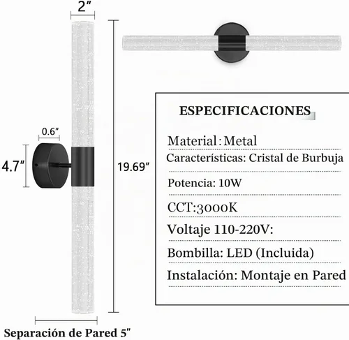 Vista 2 de Apliques de Pared Negros LED Apliques Modernos Iluminación de Pared para Comedor 10W 3000K Luces de Pared LED de Cristal Cableadas Luminarias