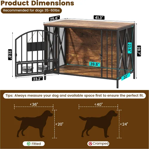 Vista 2 de BOINN Mueble plegable para perros de 41.3 pulgadas, no se ensambla, para perros de interior, jaulas de madera para perros con cuencos giratorios
