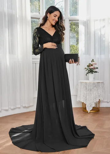 Vista 4 de ZIUMUDY Vestido de maternidad con cuello en V para fotografía de gasa, manga larga, con costuras de encaje, maxi vestido para baby shower