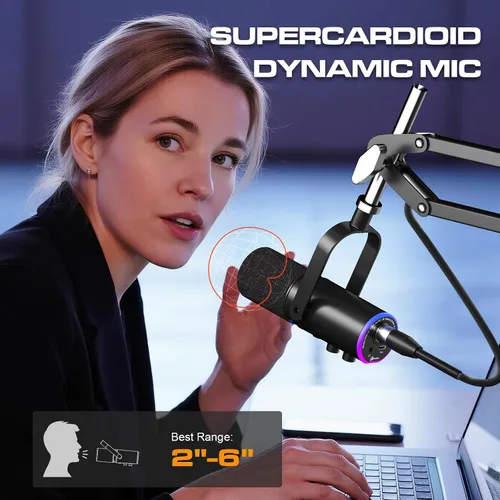 Vista 6 de PUPGSIS - Micrófono de podcast XLR/USB, micrófono para juegos con botón de silencio, efectos de reverberación, cancelación de ruido, soporte