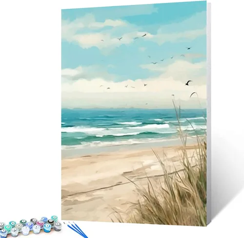 Vista 14 de Pintura por números, puesta de sol, playa, paisaje marino, abstracto, playa, bricolaje, pintura sobre lienzo con pinceles, pinturas acrílicas