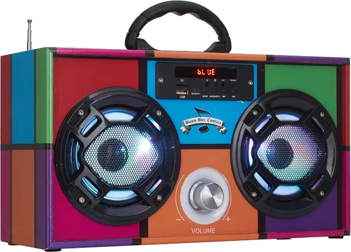 Vista 5 de Wireless Express - Altavoz portátil para fiestas: Boombox retro con Bluetooth, espectáculo de luces LED, radio FM mejorada, batería recargable