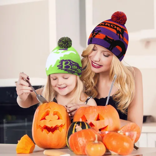 Vista 6 de 6 gorros de Halloween con patrón de fantasma, gorro de punto cálido y elástico de invierno para hombres y mujeres adultos, regalos de Halloween