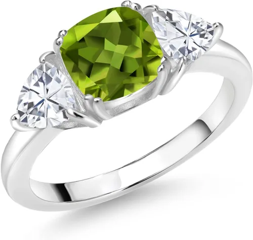 Vista 7 de 925 Sterling Silver Gemstone Birthstone and White Moissanite 3-Stone Engagement Ring for Women 7MM Cushion and 5MM Trillion Accents Three Stone
