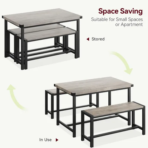 Vista 7 de Juego de mesa de comedor para 4 personas con 2 bancos, juego de mesa de cocina de 3 piezas, juego de comedor que ahorra espacio para cocina, Gris