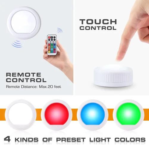 Vista 2 de EverBrite Luz de grifo, luz de empuje, luces LED de disco con 12 colores RGB, luz táctil inalámbrica debajo del gabinete, luz nocturna de 80 lúmenes
