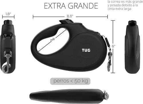 Vista 2 de TUG Monochrome XL 360° Correa retráctil libre de enredos para perros 26 pies de cinta de nailon resistente Freno de una sola mano, pausa y Negro