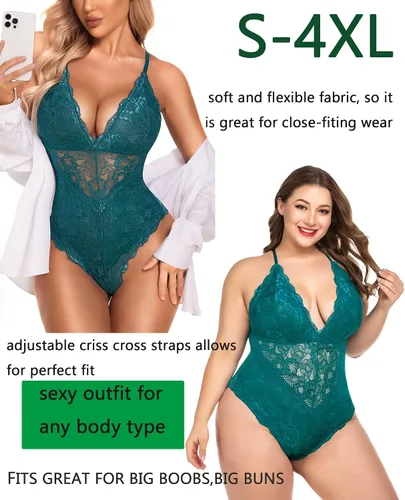 Vista 5 de Avidlove - Lencería para mujer, body con cierre a presión en la entrepierna, con encaje sexy en contraste, babydoll, una pieza, lencería tipo Teddy
