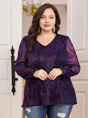 Vista 7 de Hanna Nikole Blusa de fiesta con lentejuelas brillantes para mujer, talla grande, manga larga, de malla, con purpurina, cuello en V, elegante