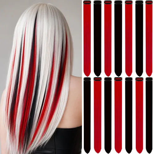 Vista 22 de 20 extensiones de cabello de colores, coloridas extensiones de cabello sintético con clip, extensiones de cabello sintético largo y lacio