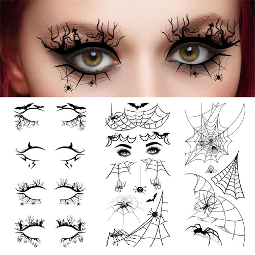 Vista 3 de 4 pares de calcomanías de sombra de ojos de Halloween, calcomanías delineadoras de ojos, telaraña, calavera, murciélago, calcomanías de tatuaje