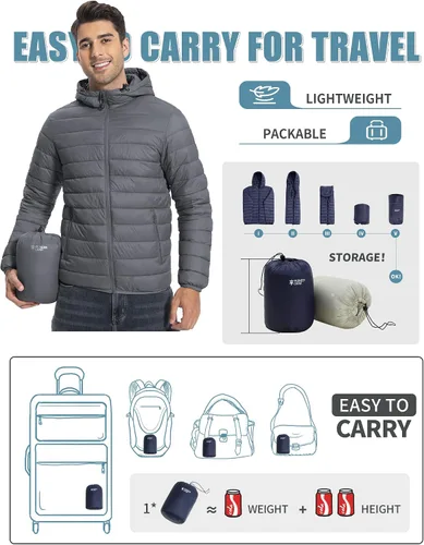 Vista 2 de Pioneer Camp Chaqueta acolchada ligera y plegable para hombre, con capucha, aislada, térmica, para correr, viajar