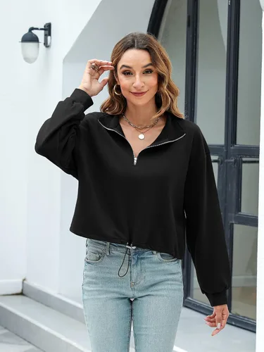 Vista 5 de ATTRACO Sudaderas de gran tamaño para mujer, con media cremallera, con cordón y cordón