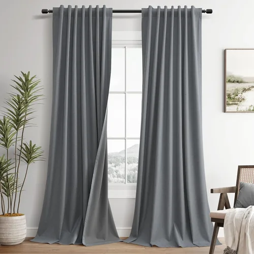 Vista 21 de Guken Cortinas opacas de lino, 2 paneles rústicos, elegantes, 100% opacas, con aislamiento térmico, banda de ganchos y trabilla trasera, 52 x 84