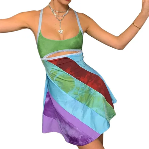 Vista 3 de Mini vestido ajustado para mujer, estilo Y2K, sin espalda, ajustado, sin mangas, estampado de retazos, ropa de calle