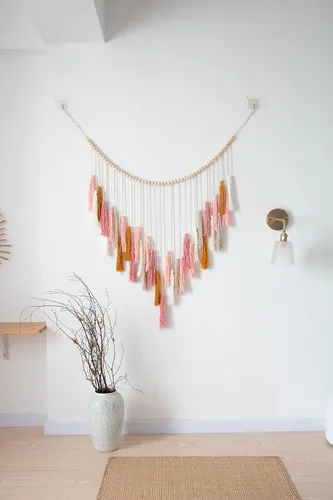 Vista 3 de Decocove Colgante de pared de macramé, colgante de pared grande de macramé con cuentas de madera, decoración de pared bohemia para dormitorio, sala